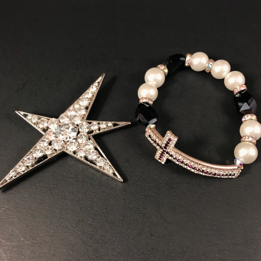 Crystal Rhinestone Cross Bracelet & Star Pin
